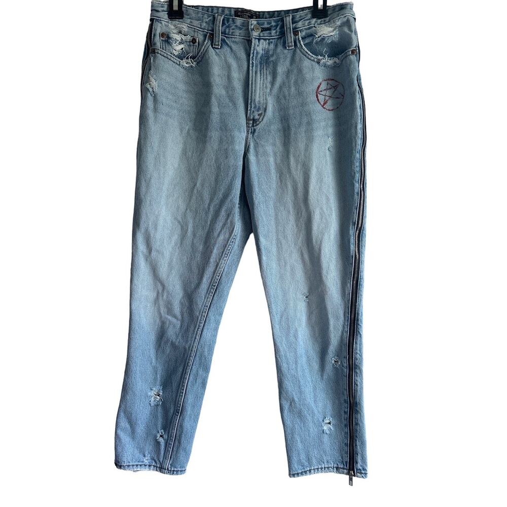 Abercrombie & Fitch 30 R Annie High Rise Girlfriend Light Wash Jeans Side Zipper